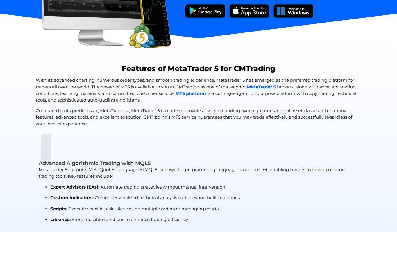 The platform page on the CMTrading website