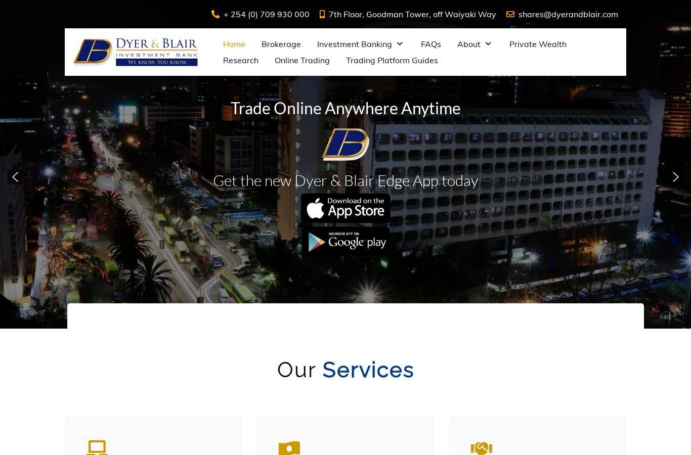 Screenshot of the Dyer & Blair Investment Bank website