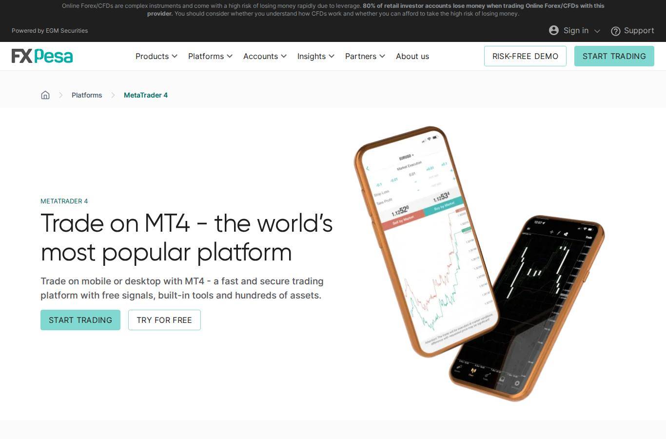The platform page on the EGM Securities (FXPesa) website